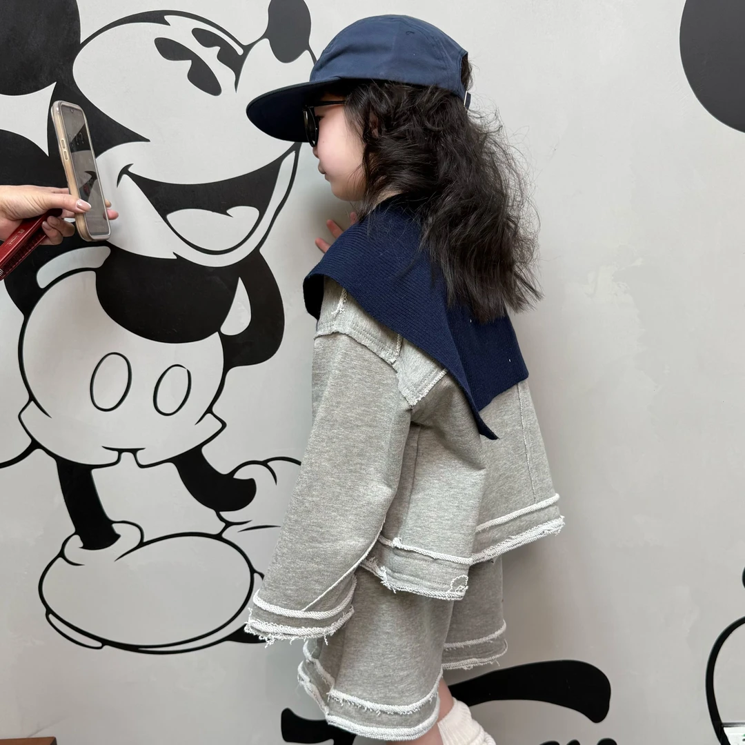 大金定制春季新款韩版儿童毛边卫衣短裤套装时尚拼接重工两件套