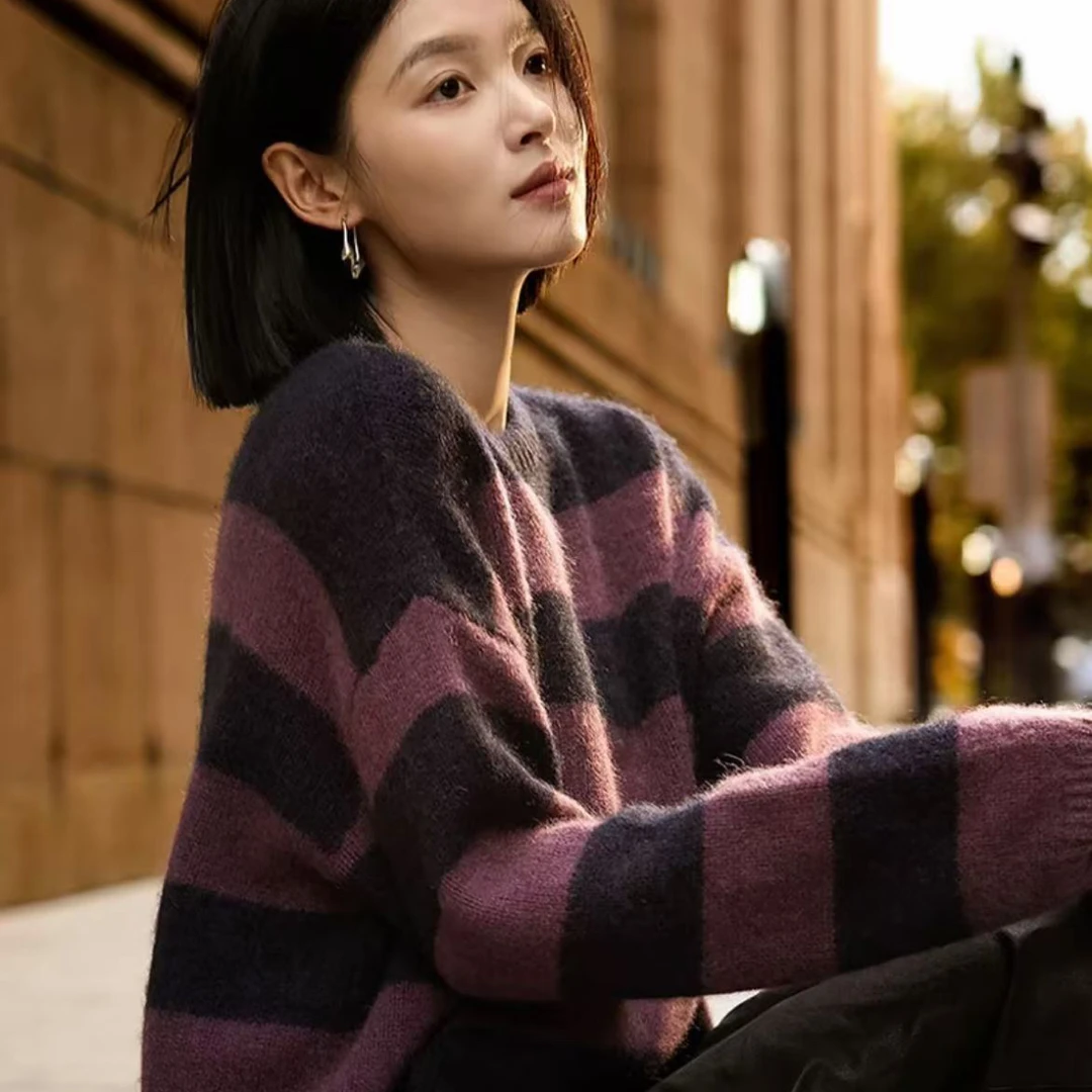 紫蓝撞色条纹针织衫上衣女5588