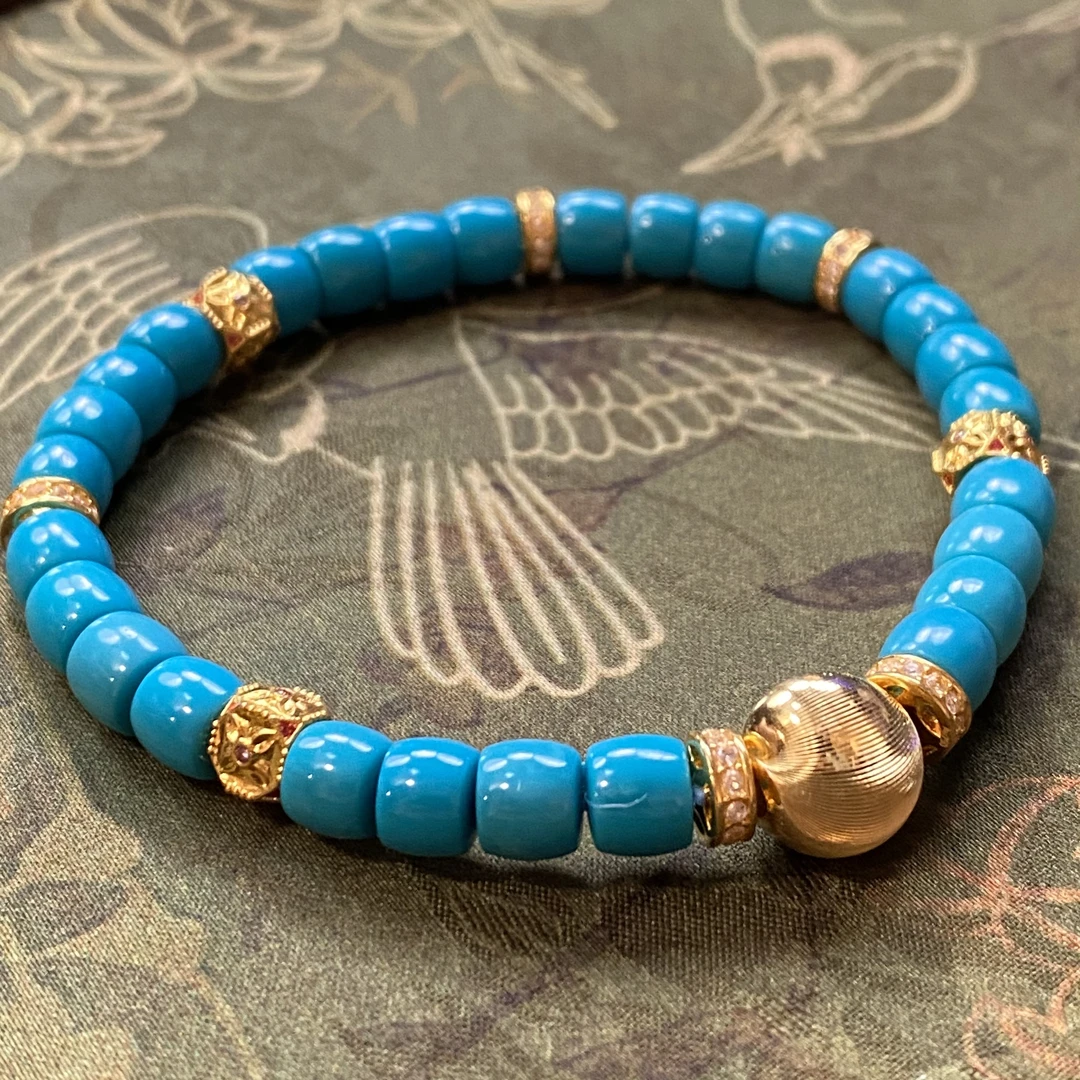 【珺笙珠宝】典藏•原矿蓝精灵绿松石18K金直切手串6mm