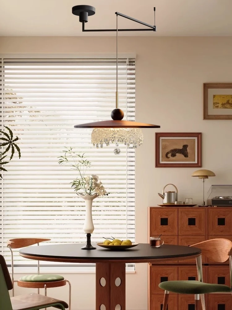 中古创意餐厅小吊灯冰山水滴复古胡桃木色折叠摇臂可移法式全光谱