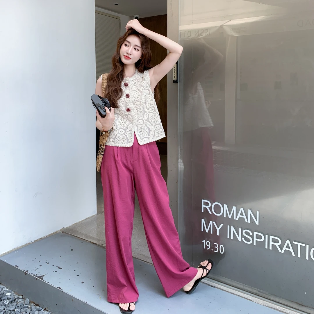 法式气质镂空钩花马甲休闲阔腿裤两件套女2025夏季复古松弛感套装