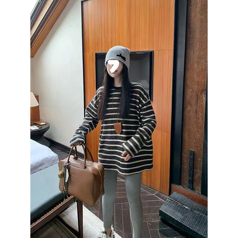 奥利奥绒加厚黑白条纹t恤女秋冬新款百搭宽松中长款慵懒长袖上衣