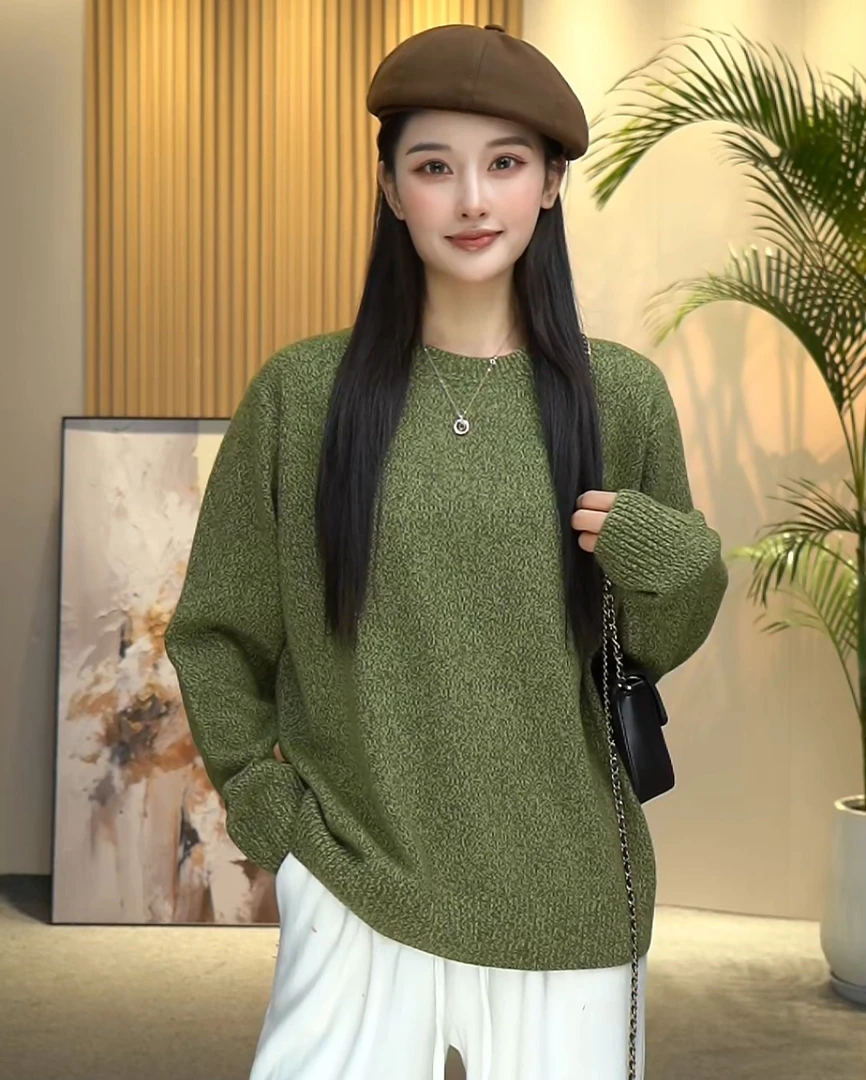 【Y&Q】冬季新款保暖宽松简约显瘦圆领毛衣休闲百搭花纱羊毛针织衫