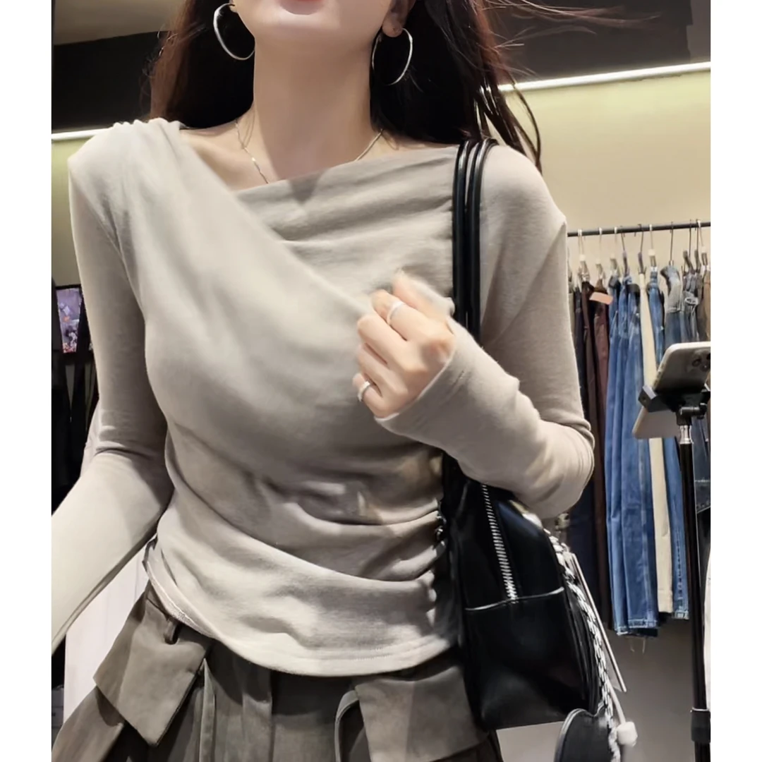 【温柔交织】2025秋季新款法式不规则小众设计感长袖T恤女时尚上衣