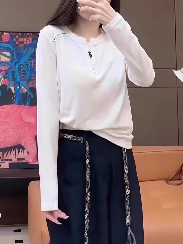 休闲慵懒风半拉链长袖T恤女2025秋季大码胖MM圆领气质打底衫上衣