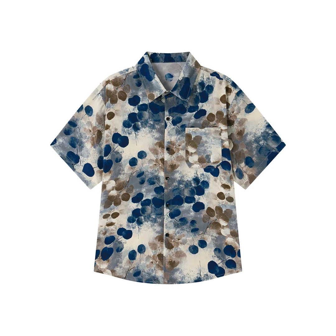 夏季新款沙滩风休闲五分袖潮流复古宽松凉感衬衫印花设计感短袖男