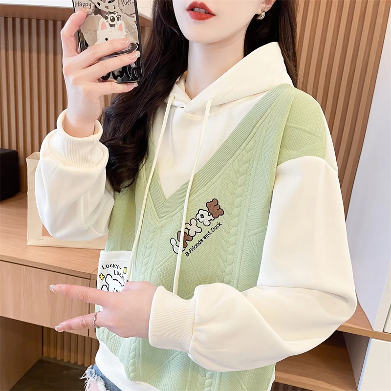 连帽卫衣女2025新款春秋韩版宽松薄款小个子初中生假两件上衣外套