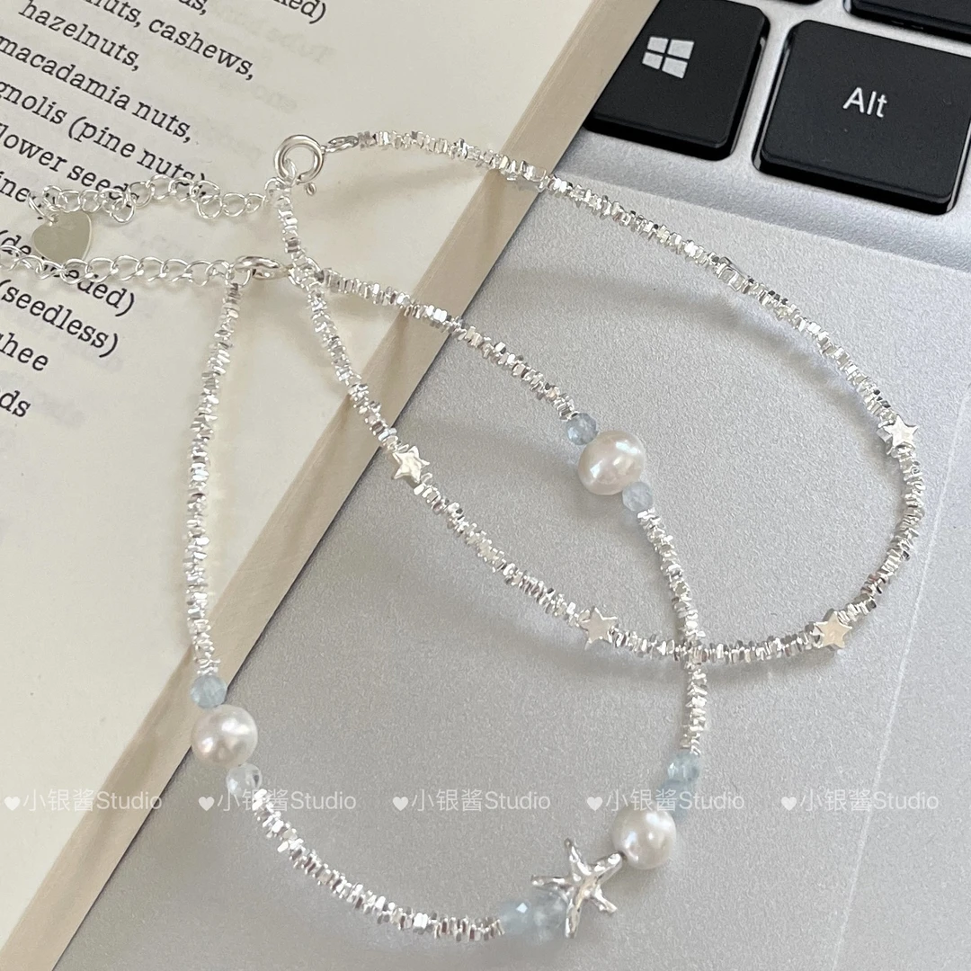 足银仿珍珠手链 足银999海星贝壳五角星碎银纯银手链甜美小众海边