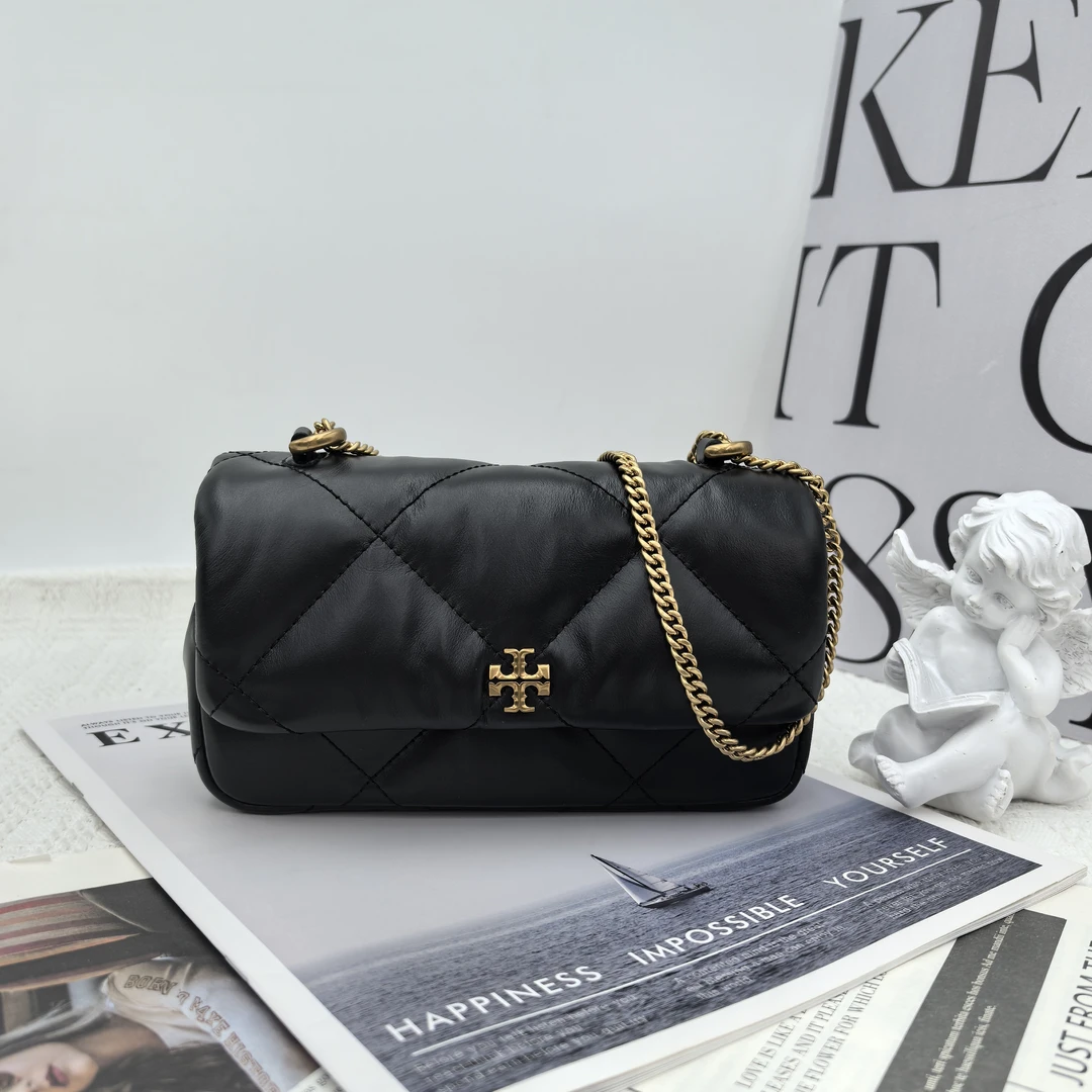 95新 TORY BURCH/汤丽柏琦 Kira黑色迷你 牛皮链条包 001新款菱格