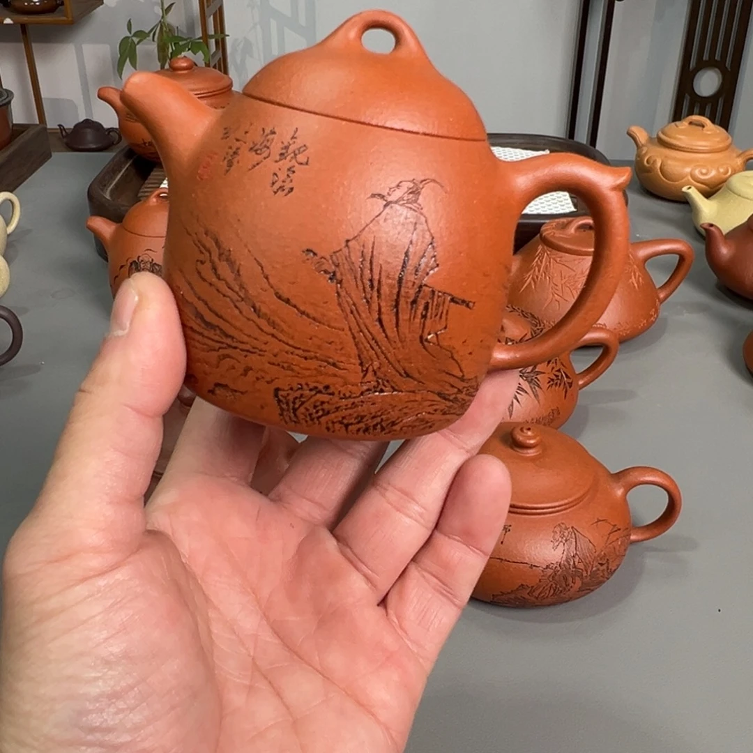 小***8茶壶紫砂全手工秦权刻绘观沧海