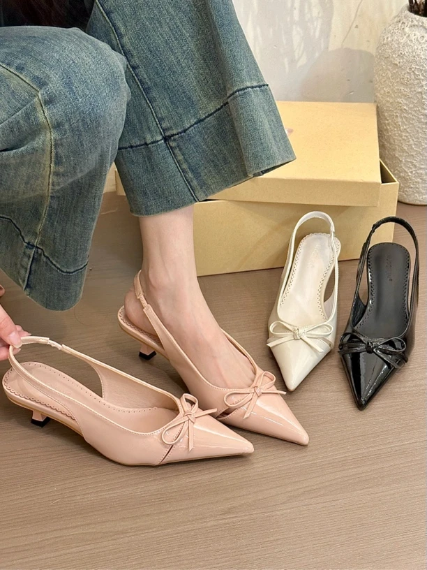 titing粉桃！气质漆皮尖头猫跟凉鞋高跟女春2025通勤包头后空凉鞋