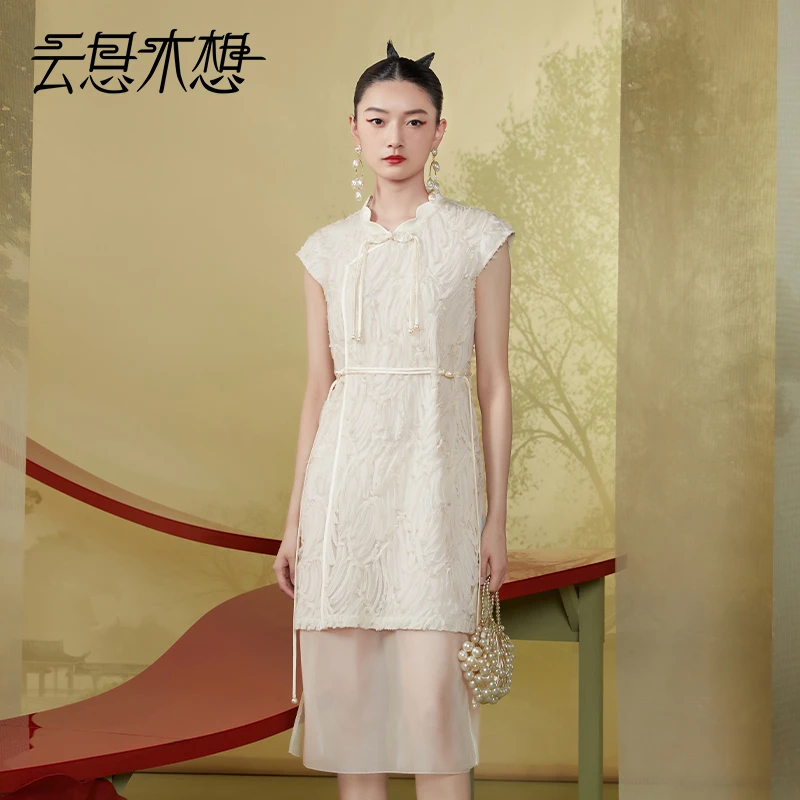 Ysimo-X云思木想新中式2024夏季新款花瓣领盘扣网纱连衣裙11976