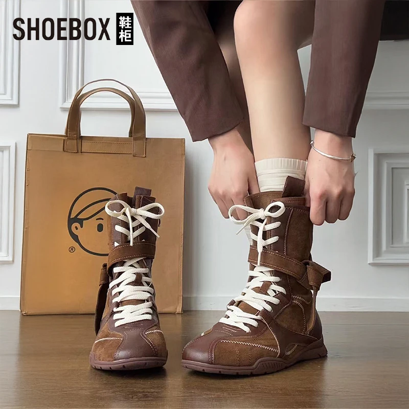 SH0EBOX鞋柜复古马丁靴女2025新款秋季百搭英伦风软底拳击靴子