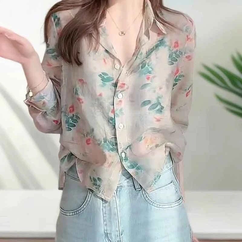 港味chic慵懒长袖防晒衬衫女夏季2025新款休闲百搭复古Polo领衬衣