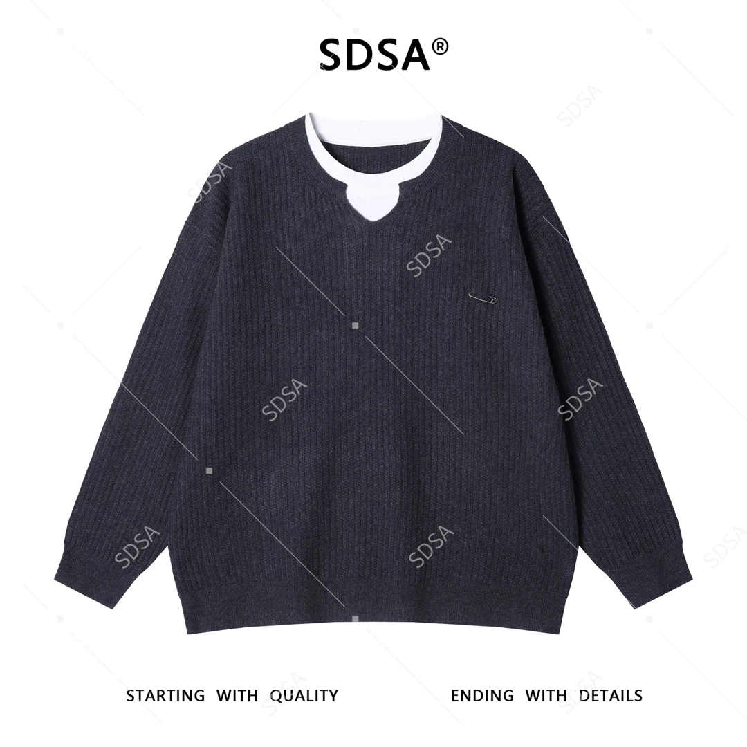 SDSA男士秋冬新款痞帅男装韩版撞色竖纹圆领假两件毛衣慵懒风毛衣