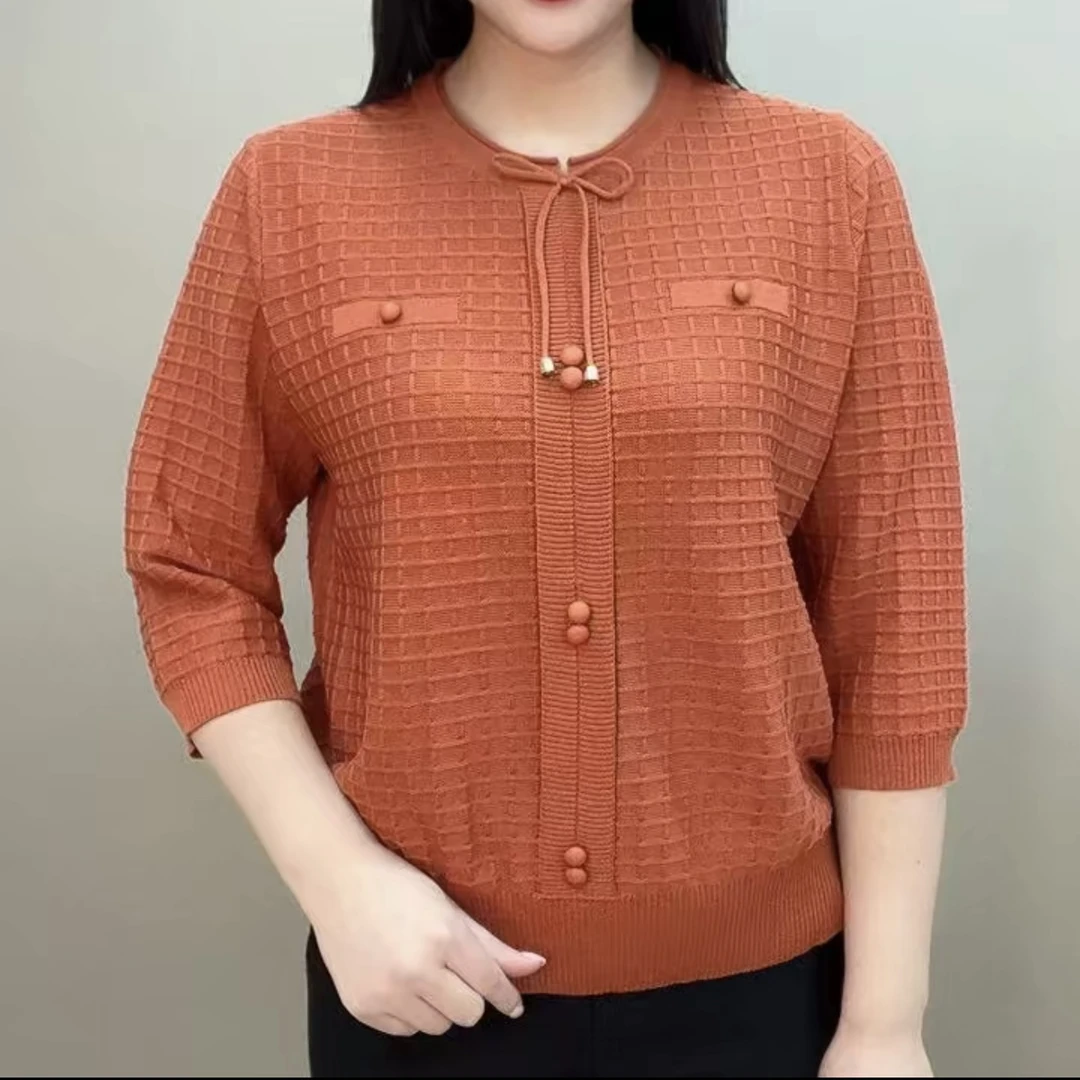 时尚休闲宽松显瘦针织衫女2025春夏新款纯色七分袖百搭舒适妈妈装
