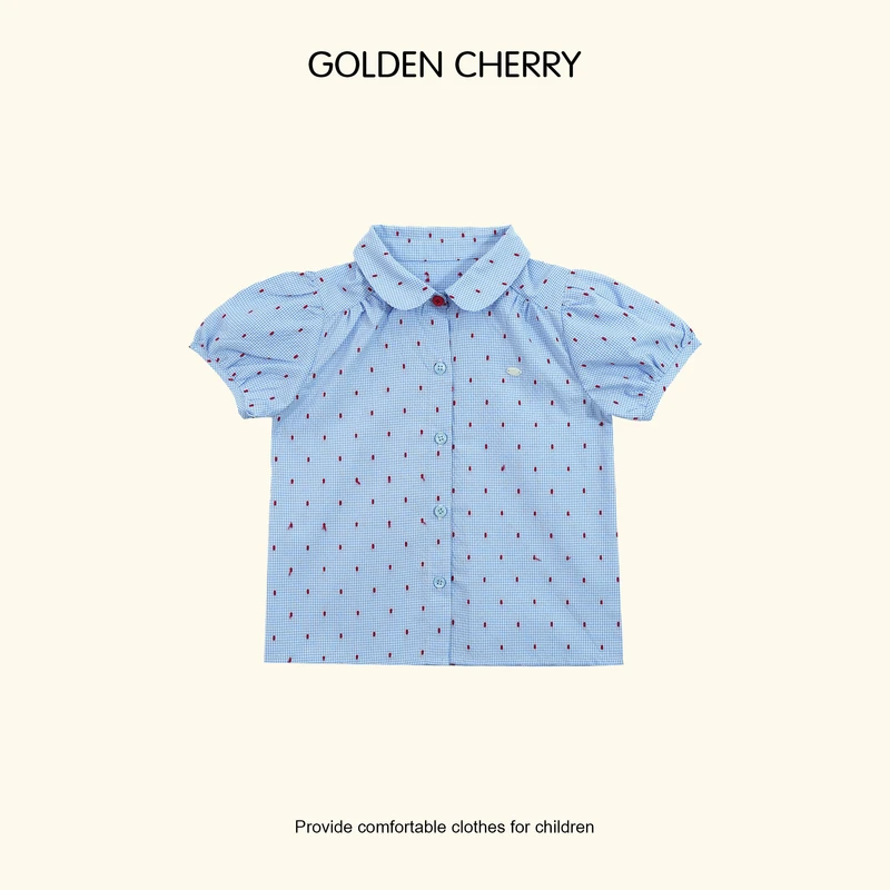 【Golden cherry】小童蓝色红樱桃满印翻领洋气百搭衬衫JYT2091