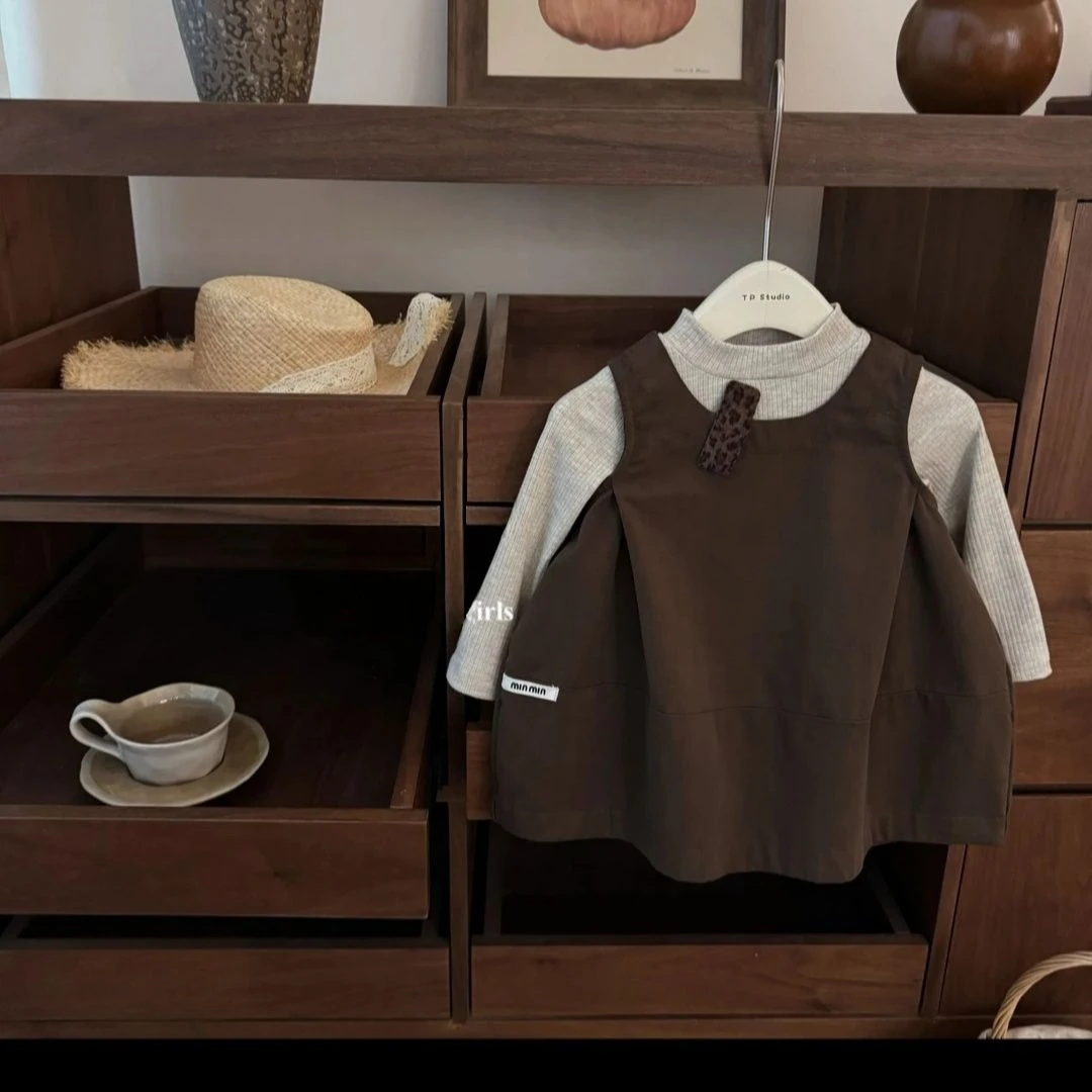 女童韩系美拉德花苞背心裙2025新款儿童宝宝坑条打底衫连衣裙套装