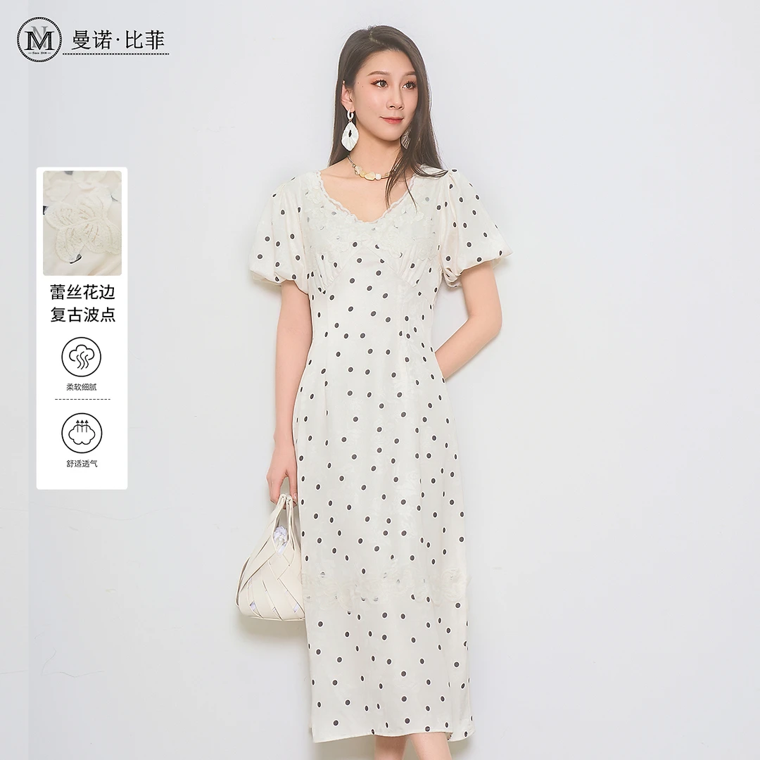 曼诺比菲法式优雅印花波点连衣裙DMGBL111001