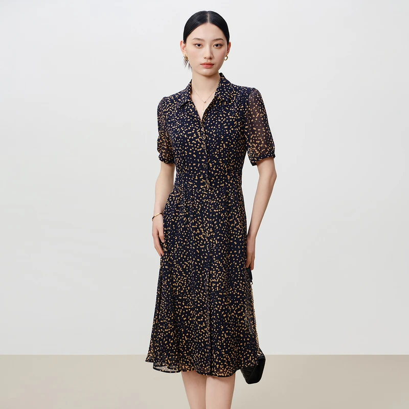 dunnu敦奴衬衫式雪纺印花连衣裙女8T25096