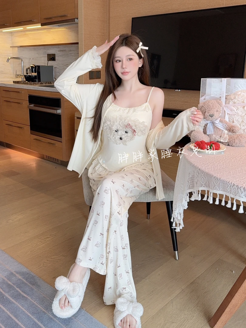 【小熊欧尼】春秋代尔棉小熊印花纯欲吊带三件套带胸垫可外穿睡衣女