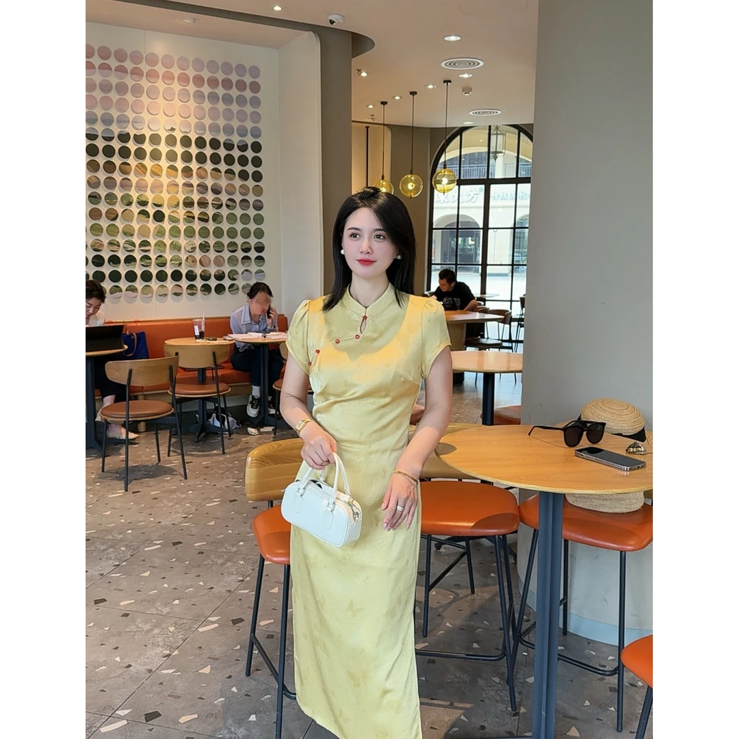 【YIGUI】新中式气质缎面中国风复古连衣裙女显瘦改良式旗袍裙子