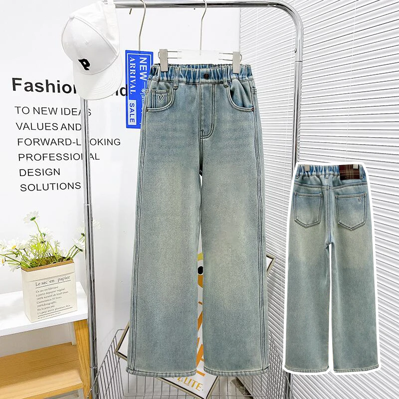 冬季新款女童加绒爱心牛仔裤阔腿宽松保暖百搭潮童zb5012简约童品