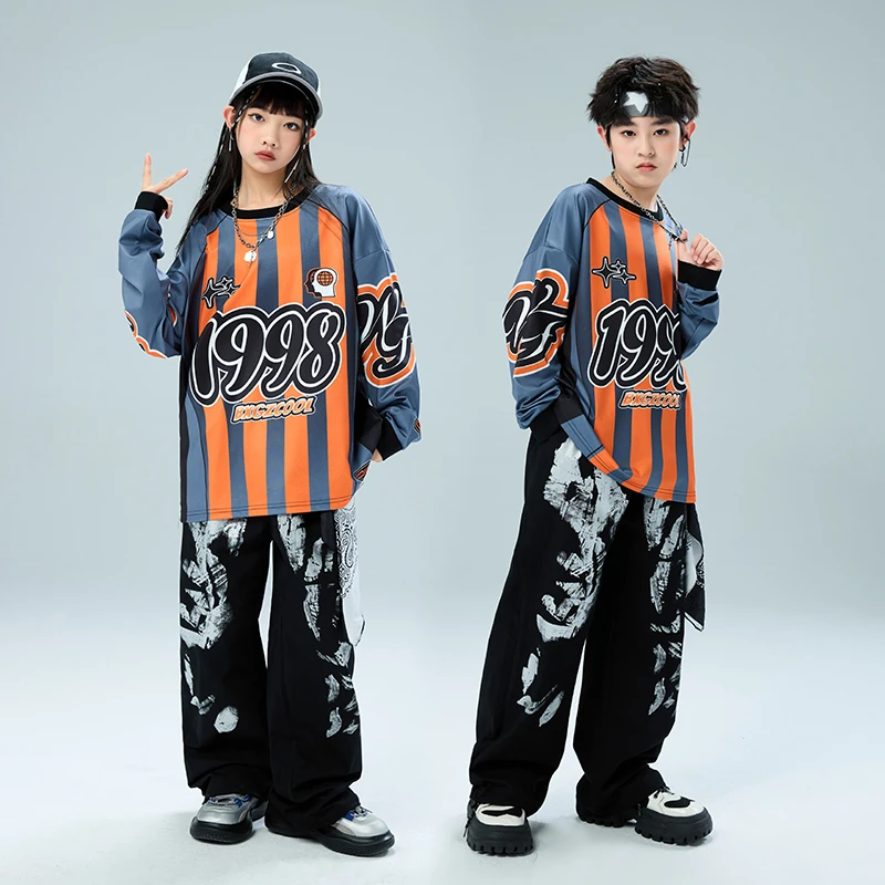 儿童嘻哈街舞服男童酷帅条纹T恤hiphop演出服女童爵士舞练功服装
