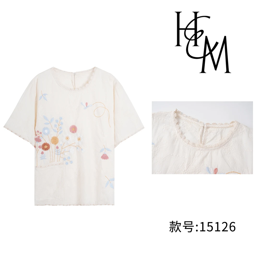 HUIERMAN/慧尔曼100%棉时尚复古钩花刺绣花边圆领衬衫【15126】