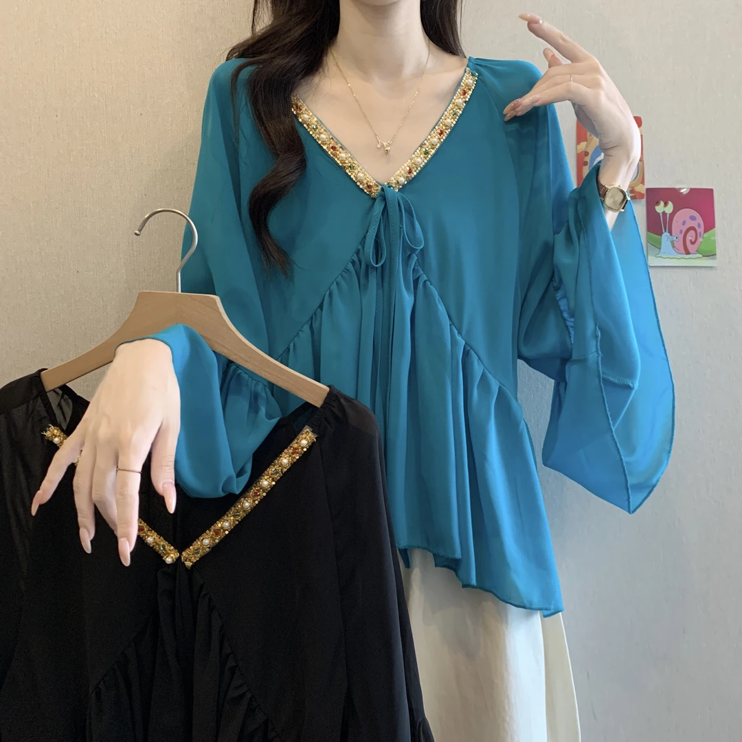 夏季洋气法式黑色V领雪纺衫女大码胖MM宽松遮肚显时尚显瘦上衣