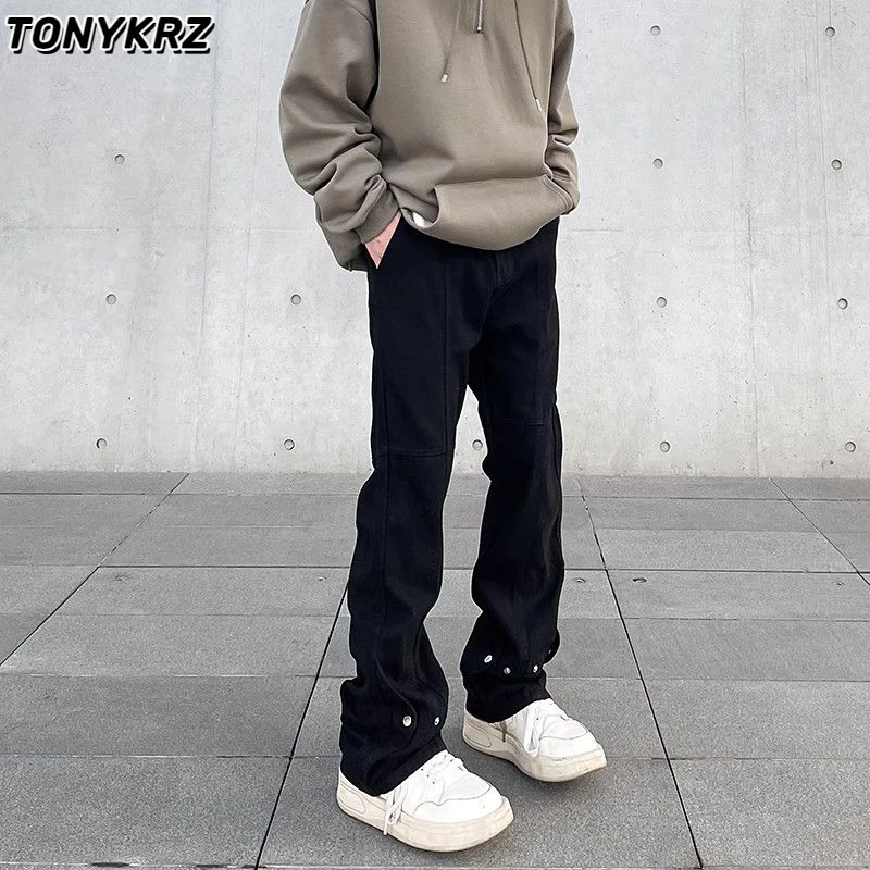 TONYKRZ美式高街vibe风黑色排扣牛仔裤男ins潮牌宽松直筒微喇裤子