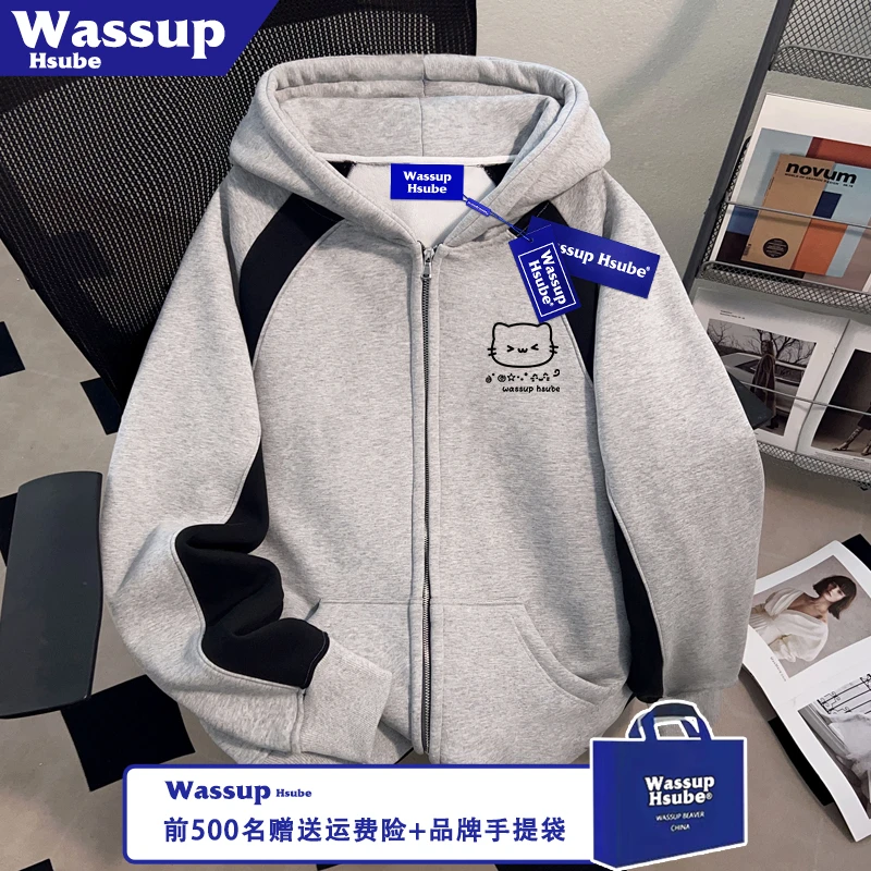 WASSUP HSUBE可爱线条小猫印花外套秋冬季连帽开衫男女款拉链卫衣