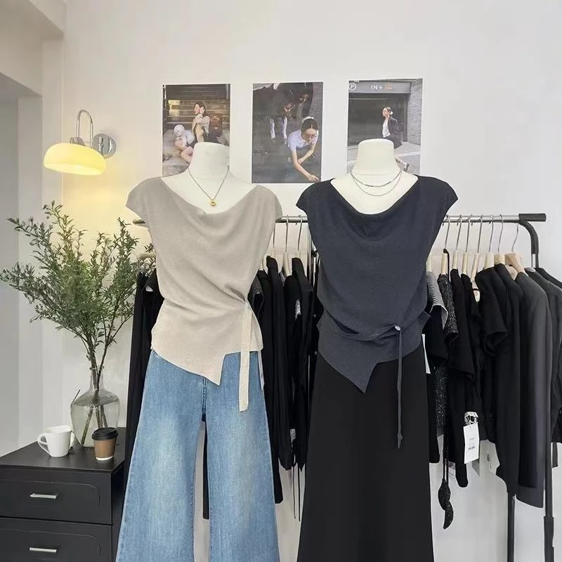 【欣雨】无袖女套头款夏季收腰型毛针织衫显瘦上衣高腰不规则