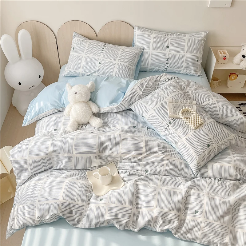 菀贝平行时空全棉学生宿舍四件套三件套纯棉印花简约纯色小清新