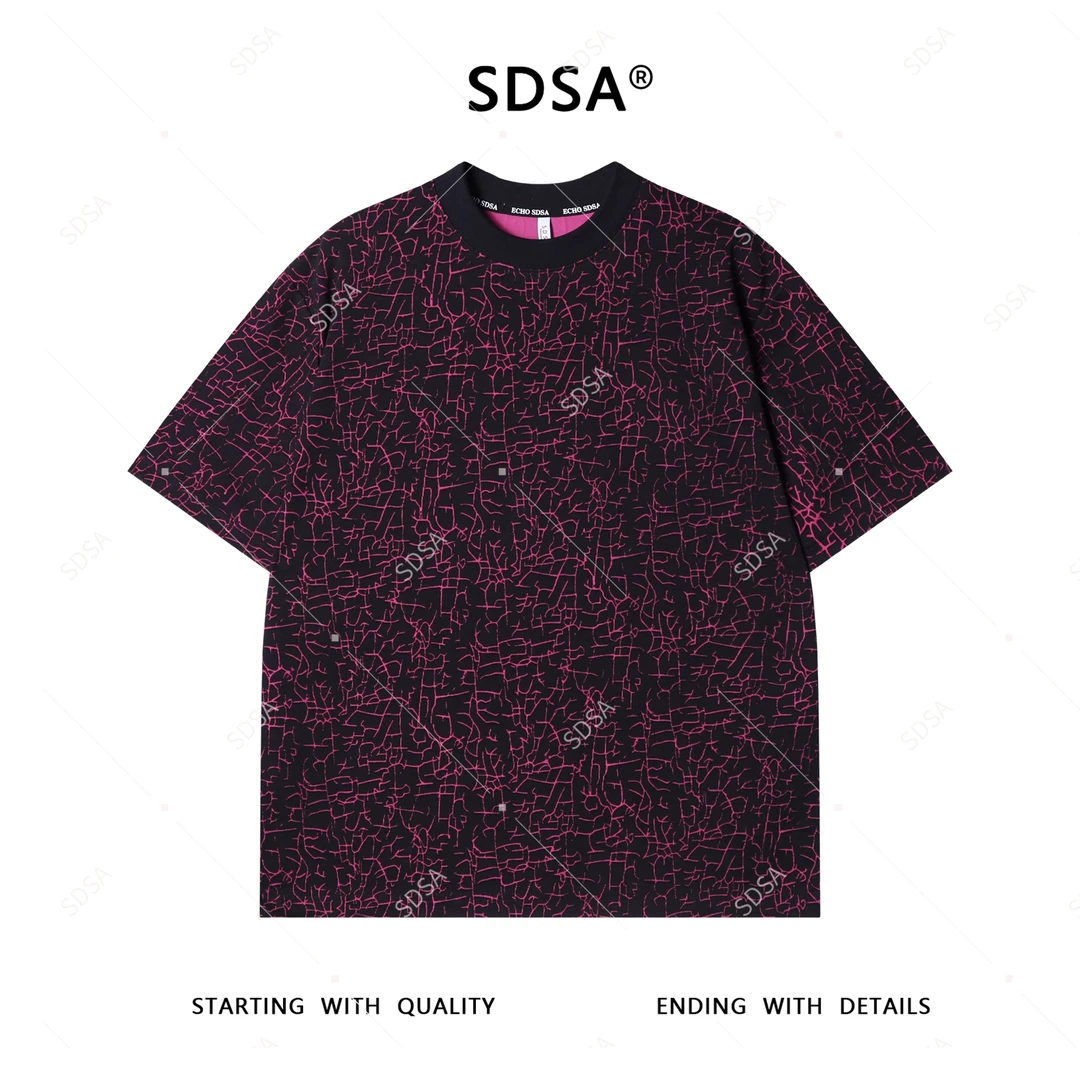 SDSA夏季高级感新款男士美式磨破撞色设计圆领短袖T恤休闲时尚