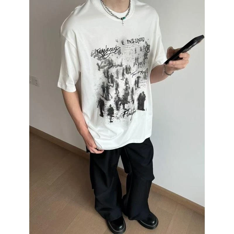 美式复古想牌情侣人影短袖t恤男夏季宽松休闲高级cleanfit上衣潮