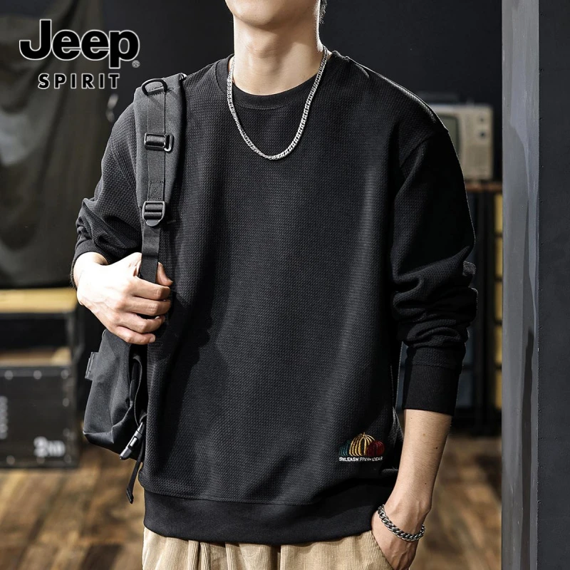 JEEP吉普美式重磅条绒卫衣夏季新款潮牌刺绣宽松长袖男内搭打底衫