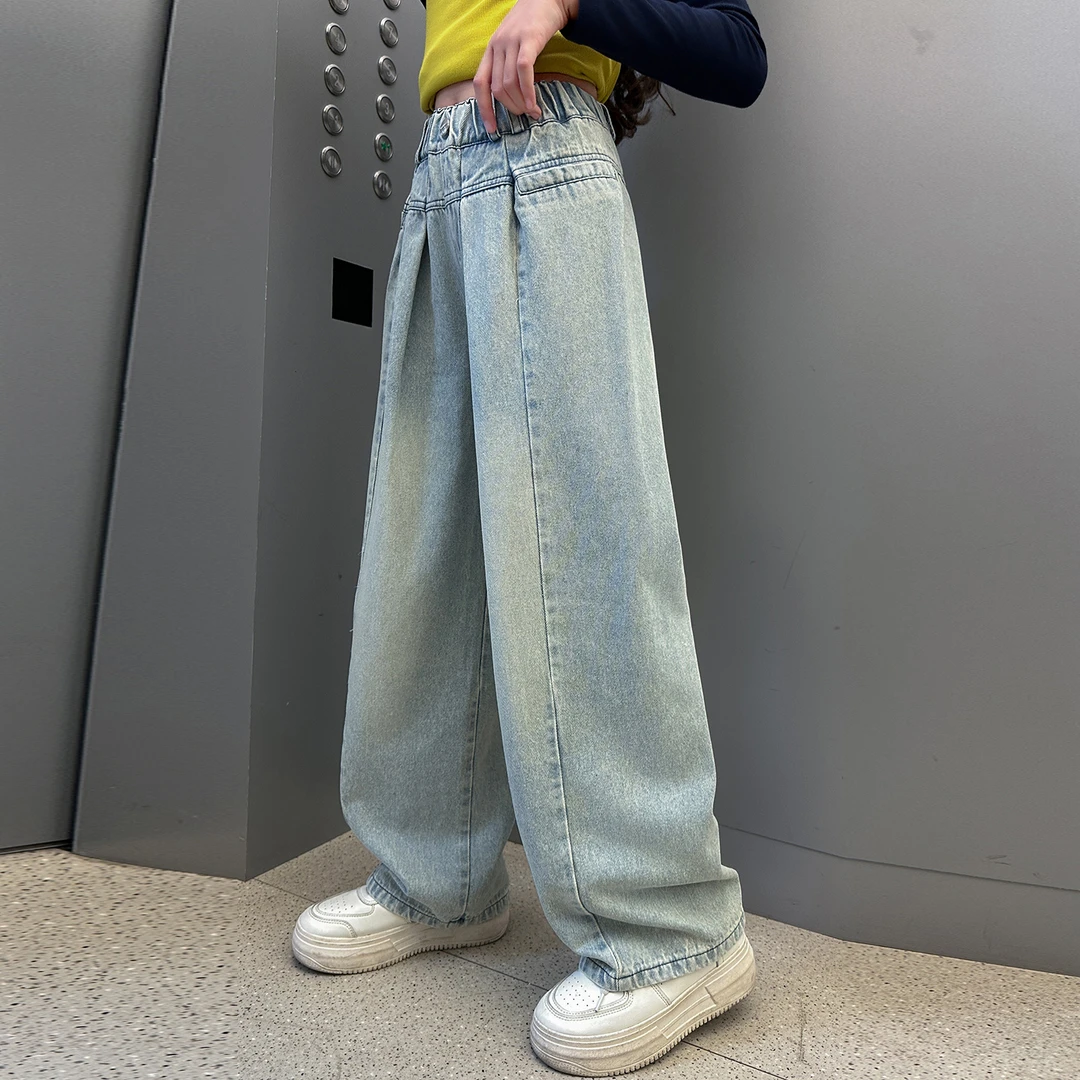 女童裤子中大童牛仔裤秋季中腰秋季长裤牛仔裤休闲阔腿裤拖地痞帅