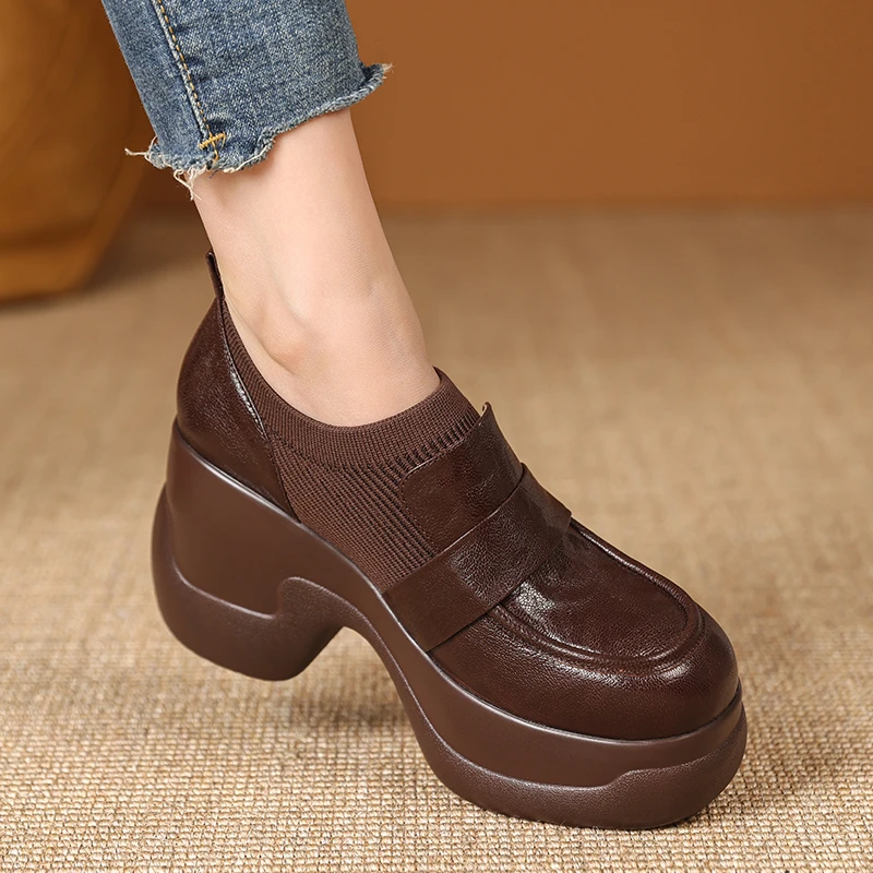 舒适圆头厚底乐福鞋女2025新款真皮防水台高跟鞋9cm坡跟深口单鞋