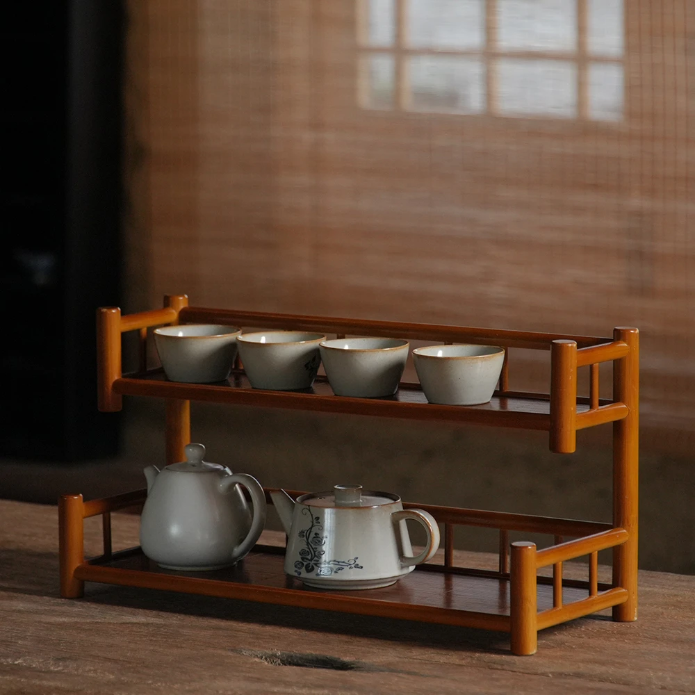 【云梯】双层竹丝桌面茶架壶架杯架小博古架茶具收纳手工茶道茶杯架