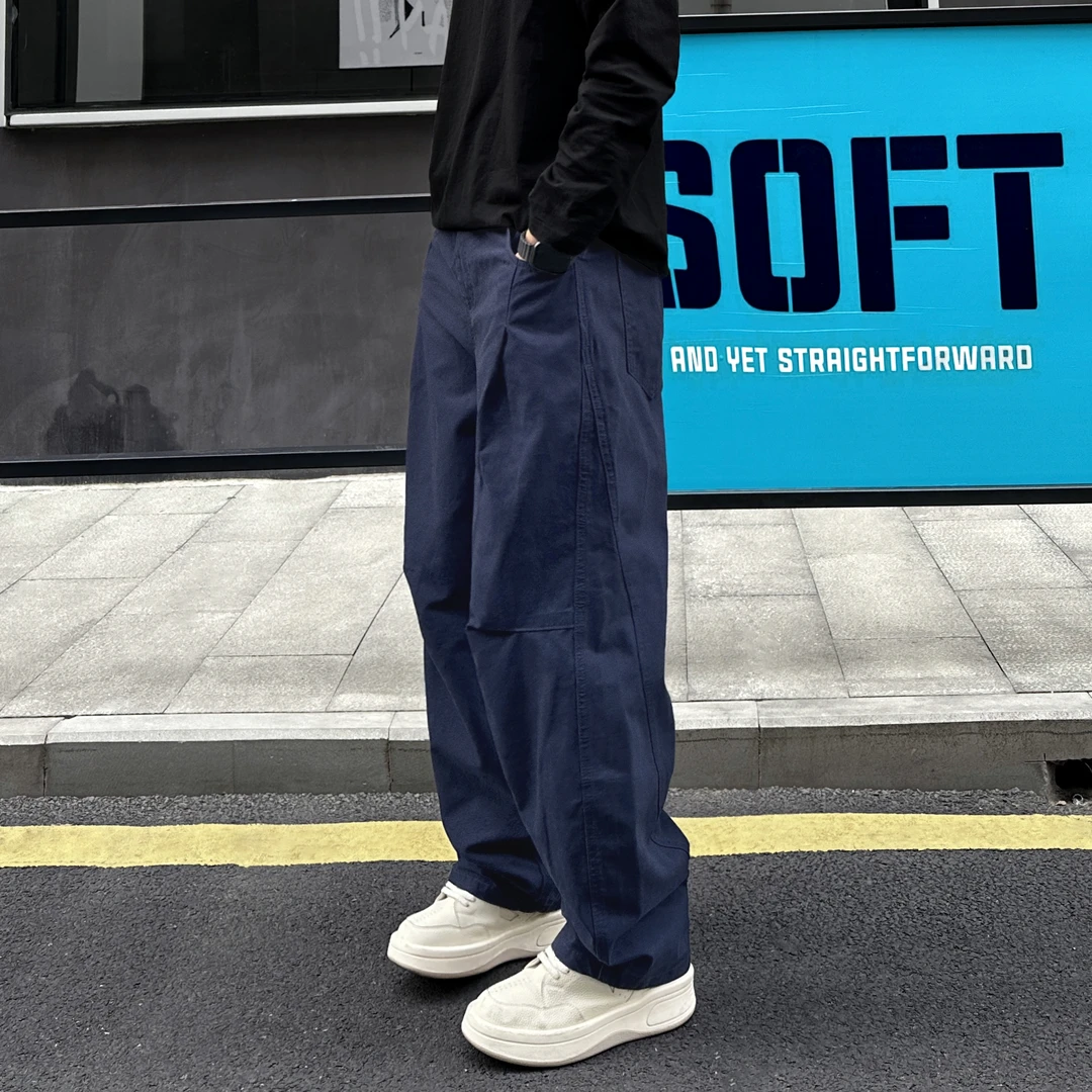 QUALCOMM美式复古宝蓝色拼接弯刀裤男秋冬加厚百搭立体剪裁休闲裤