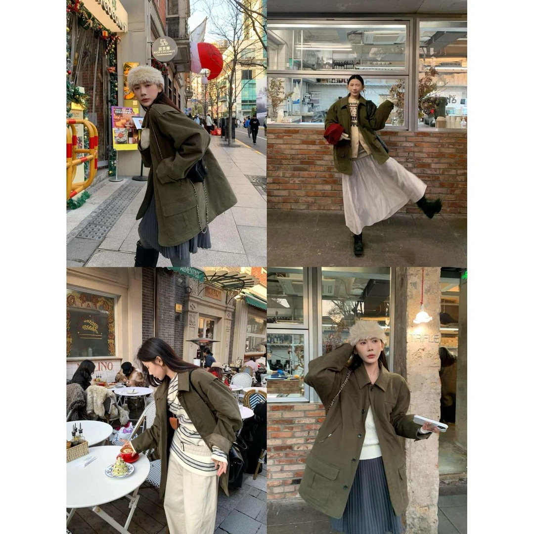 70不是七十【巴黎午夜】冬季翻领宽松巴恩风多口袋长袖夹克厚外套