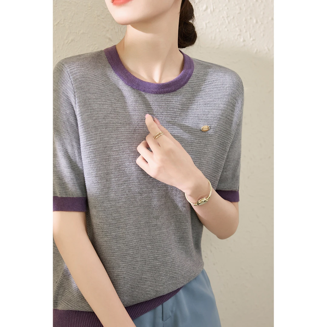 夏季穿搭圆领套头拼色百搭五分袖针织衫女宽松显瘦短袖T恤上衣