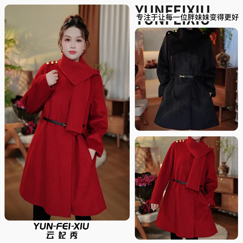云妃秀大码女装毛呢外套高领拼接时尚宽松显瘦遮肉胖妹妹秋77157