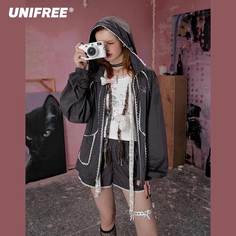 unifree【25年夏】灰色高级感外套女户外宽松防晒运动风上衣