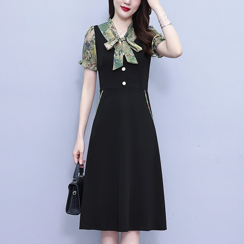 CD#8139 大码女装2025夏季胖mm蝴蝶结拼接系带修身洋气法式连衣裙