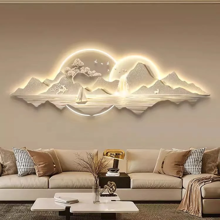 流水生财山水画客厅挂画现代轻奢沙发背景墙装饰画大气高档壁画灯