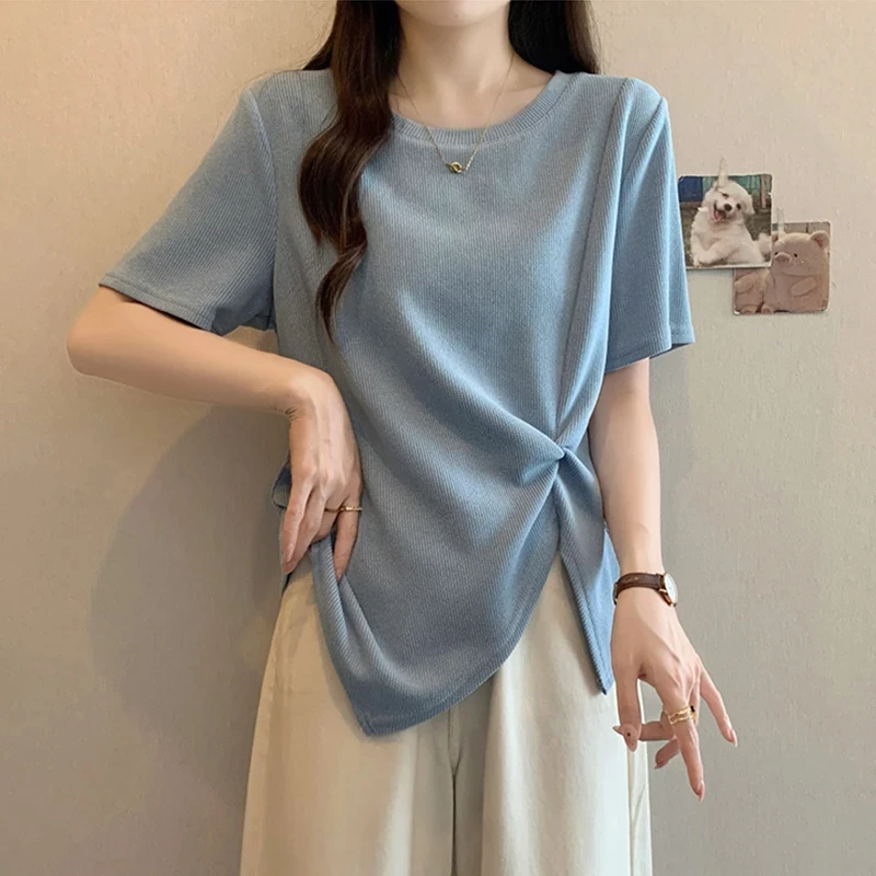 大码不规则短袖T恤女2025夏季新款胖mm遮肚子显瘦设计感正肩上衣