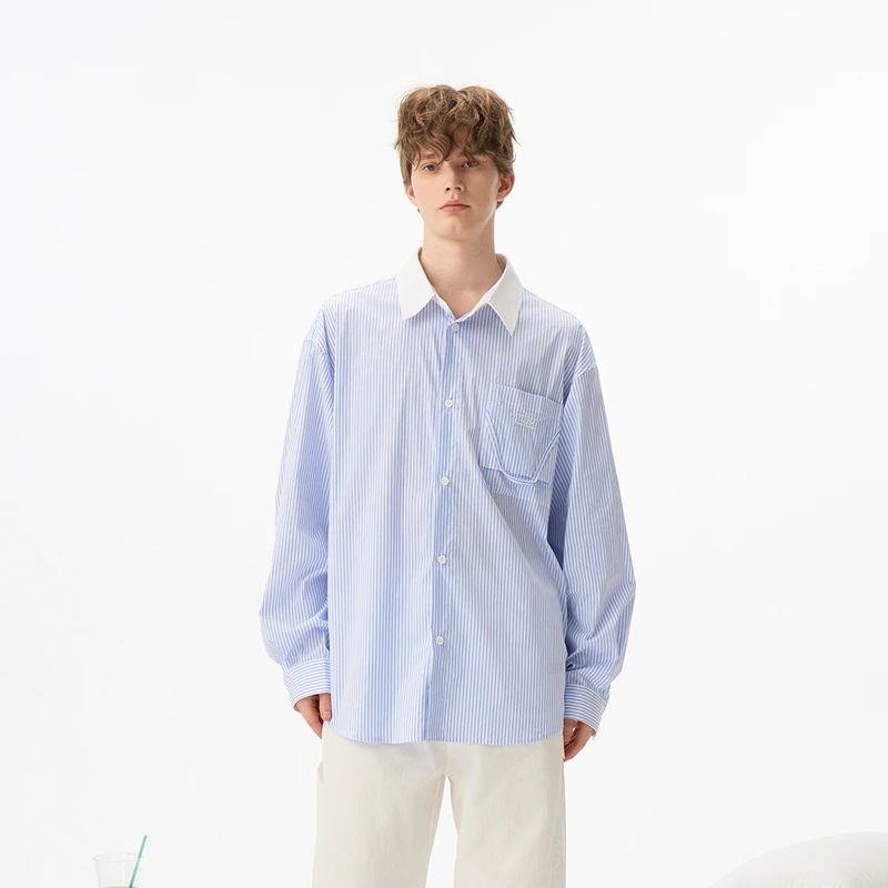 【风屿竖琴】INXX商场同款蓝白条纹衬衫撞色长袖上衣情侣XRF1040540