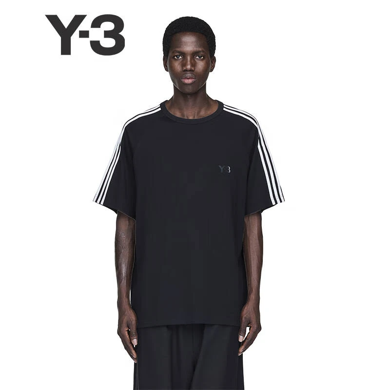 Y-3/Y-3（53-JW7352）黑色三道杠秀款时尚运动短袖T恤